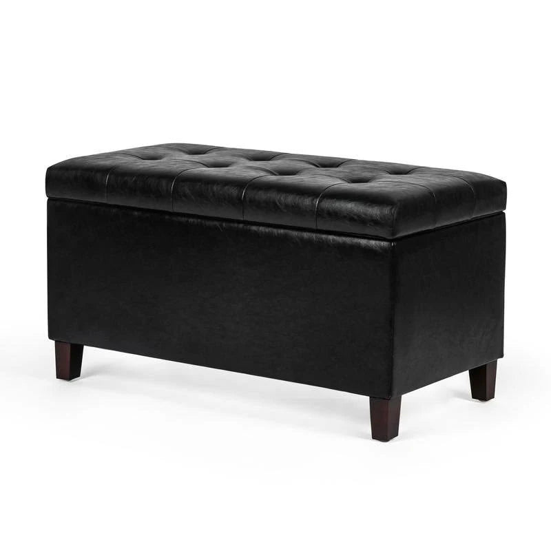Black Button Tufted Faux Leather Storage Bench Ottoman D890