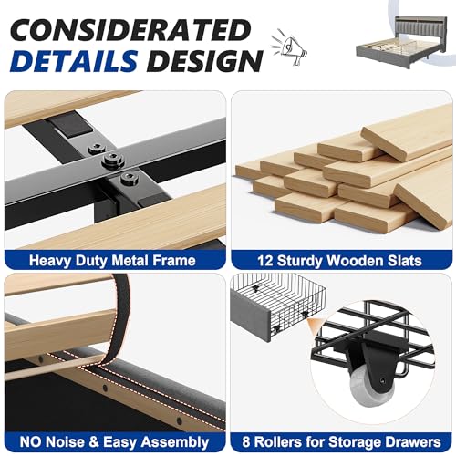 King Size Upholstered Platform Bed Frame with Storage Headboard and Drawers N99718