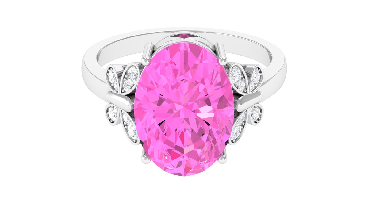 Oval Created Pink Sapphire Solitaire Ring with Diamond, 10X14 mm, 925 Sterling Silver, US 4.00 A349