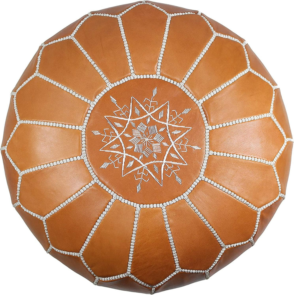 Tan Brown Leather Pouf Ottoman, 21 x 13 inch, Unstuffed C929191