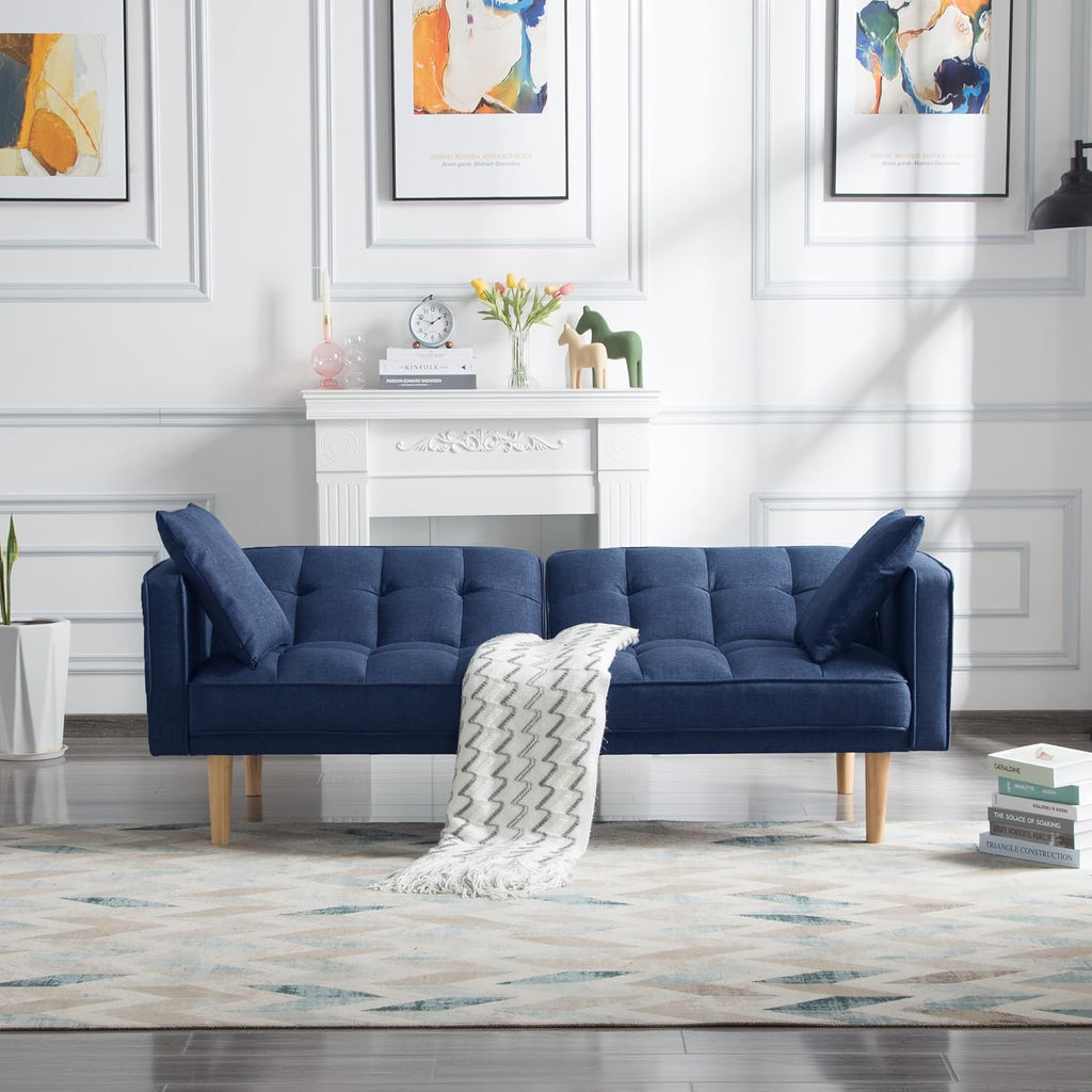 Navy Blue Tufted Fabric Futon Sofa Bed with Wooden Legs and 2 Square Pillows A271