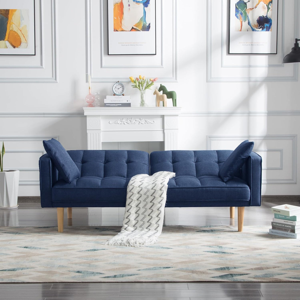 Navy Blue Tufted Fabric Futon Sofa Bed with Wooden Legs and 2 Square Pillows A271