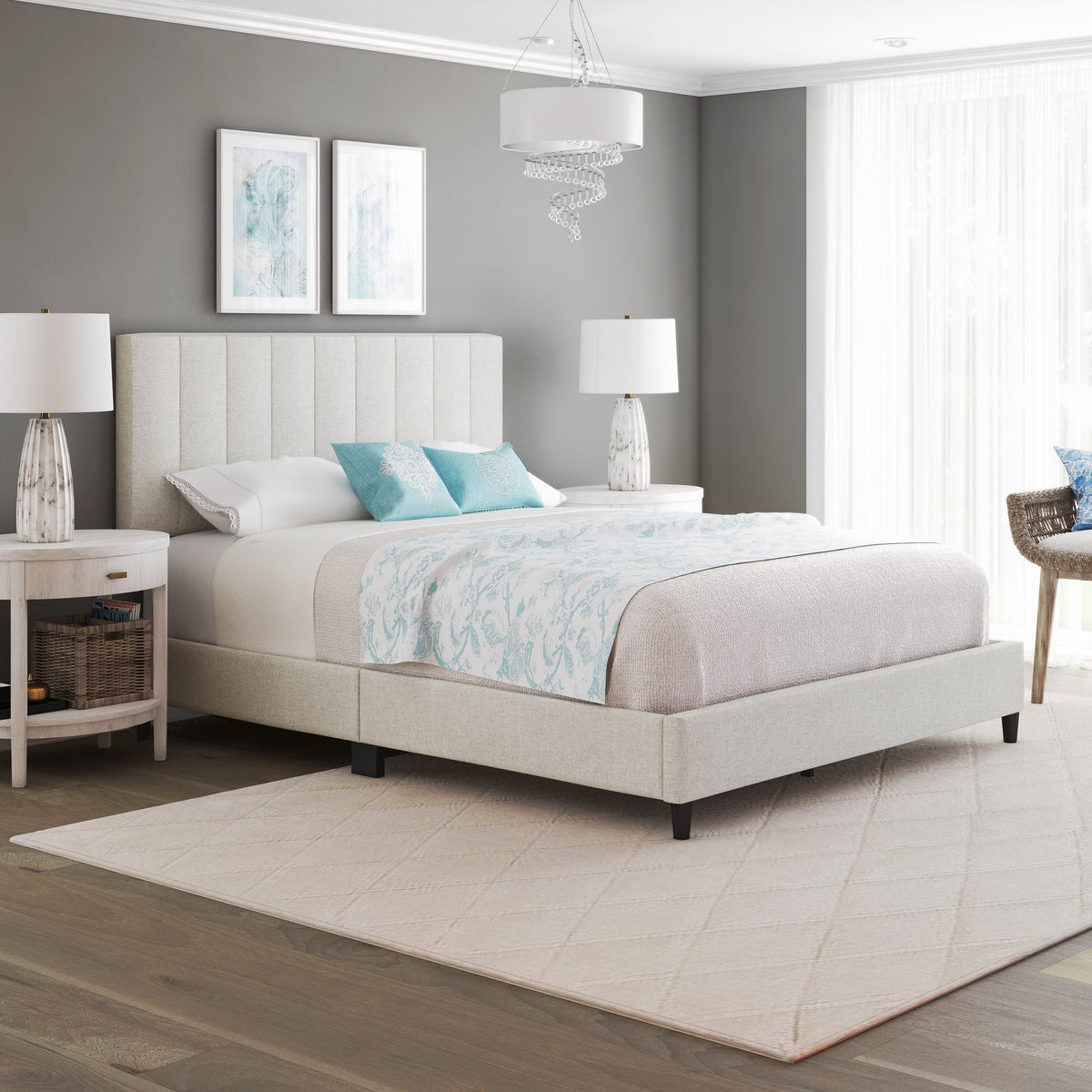 Off White Linen King Platform Bed Frame with Upholstered Headboard Z1301