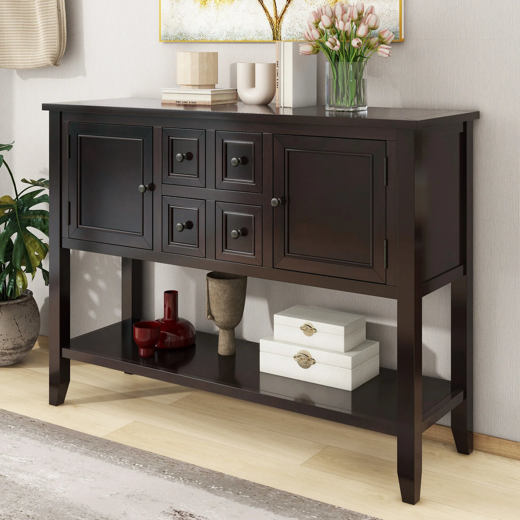 Vintage Console Table with Four Drawers and Bottom Shelf, Espresso A8569
