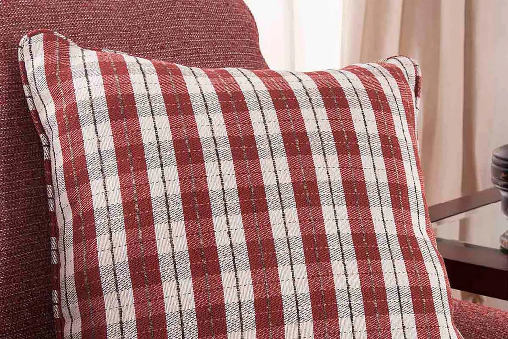 Rustic Red Sofa with Four Accent Pillows V7557