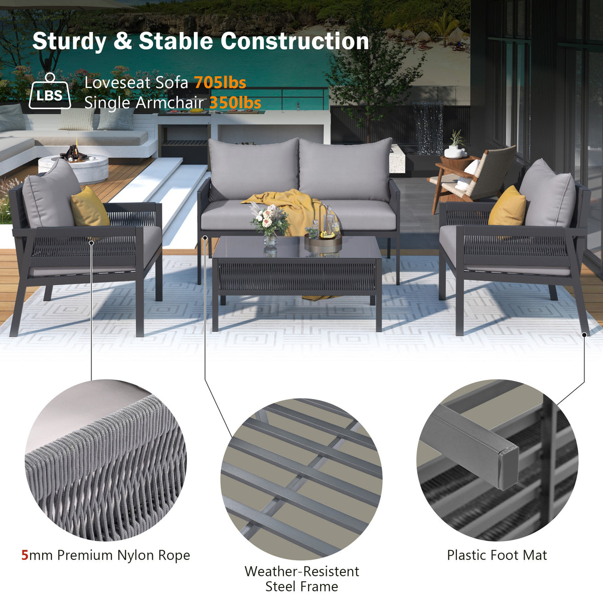 4PCS Outdoor Woven Rope Patio Furniture Set with Tempered Glass Tabletop A602