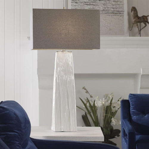 1 Light Table Lamp Gloss White Brushed Nickel Gray Linen Shade H4501