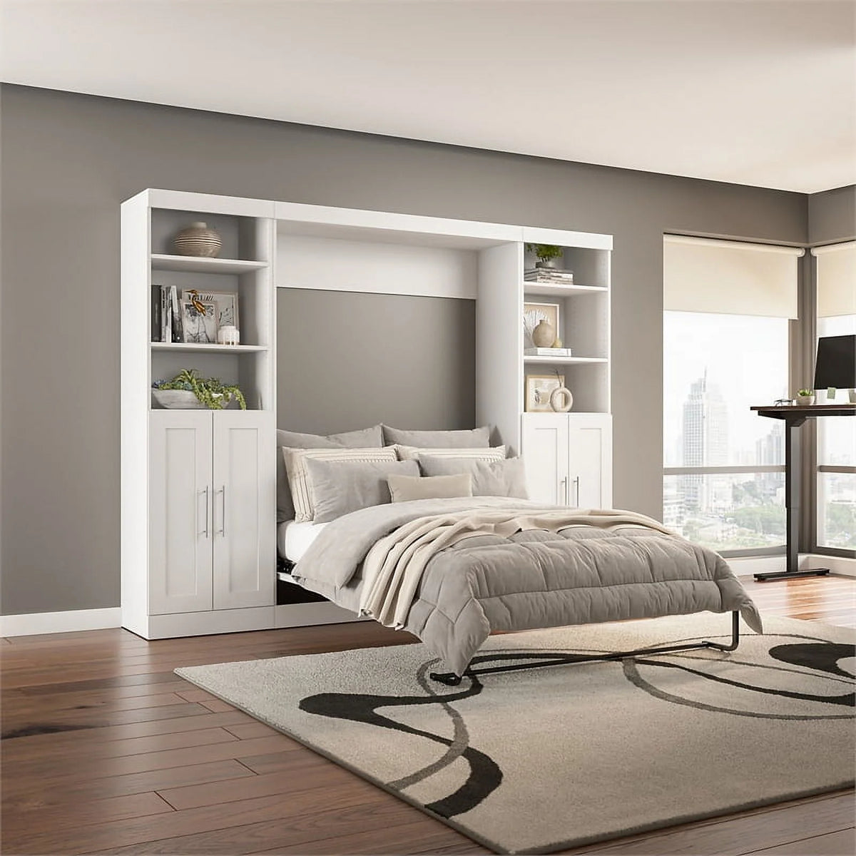 White Full Murphy Bed with Closet Storage J2493