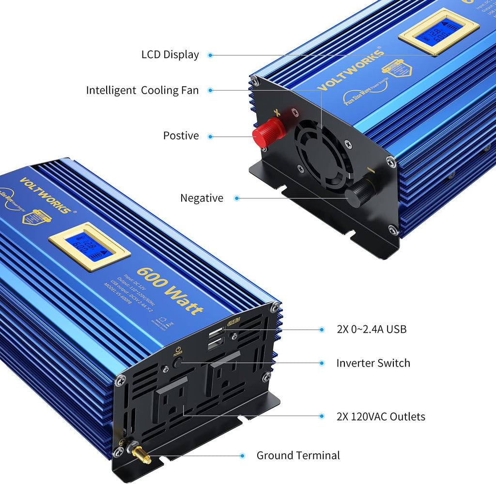 600 Watts Pure Sine Wave Power Inverter 12V to 110V 120V with USB Port & LCD Display I6902