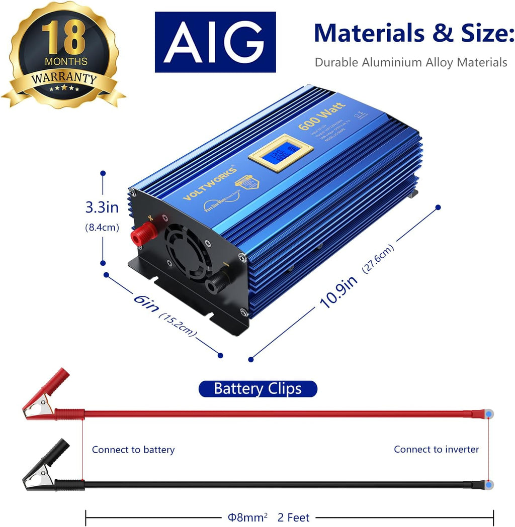 600 Watts Pure Sine Wave Power Inverter 12V to 110V 120V with USB Port & LCD Display I6902