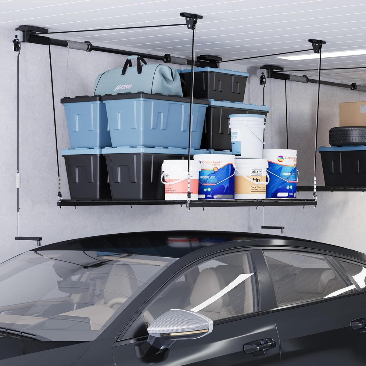 4x4 Ft Overhead Garage Storage Rack, Satin Black U49489