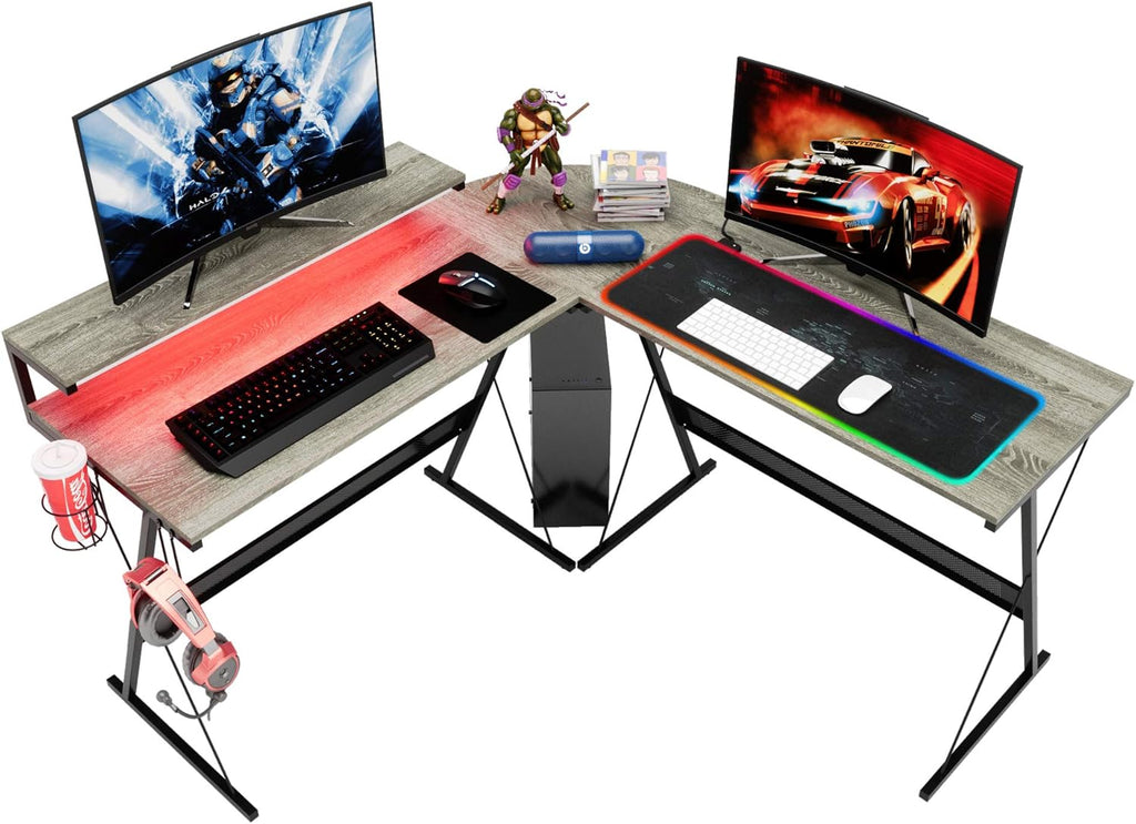 L-Shaped RGB Gaming Computer Desk with Shelf Carbon Black T776