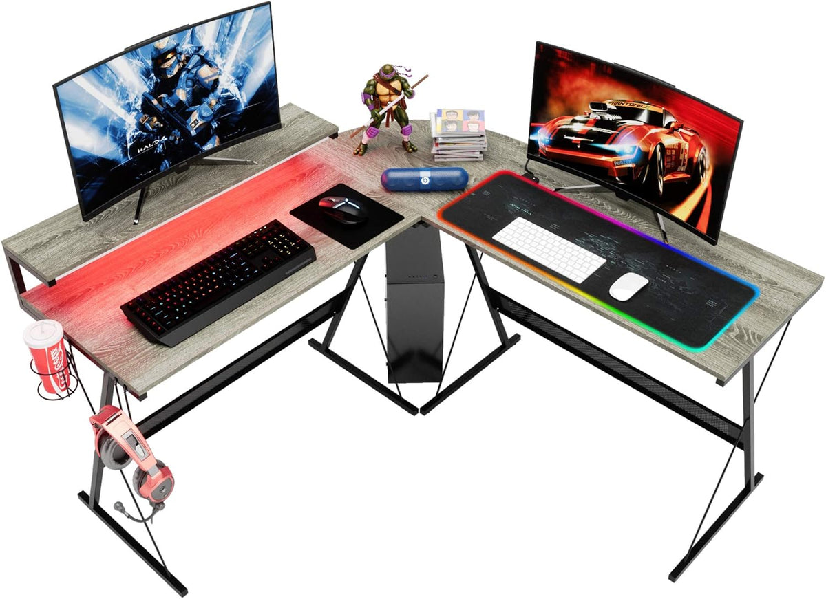 L-Shaped RGB Gaming Computer Desk with Shelf Carbon Black T776