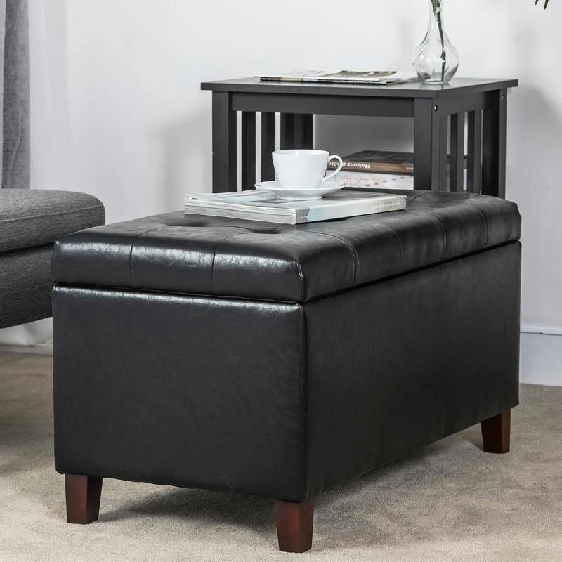Black Button Tufted Faux Leather Storage Bench Ottoman D890