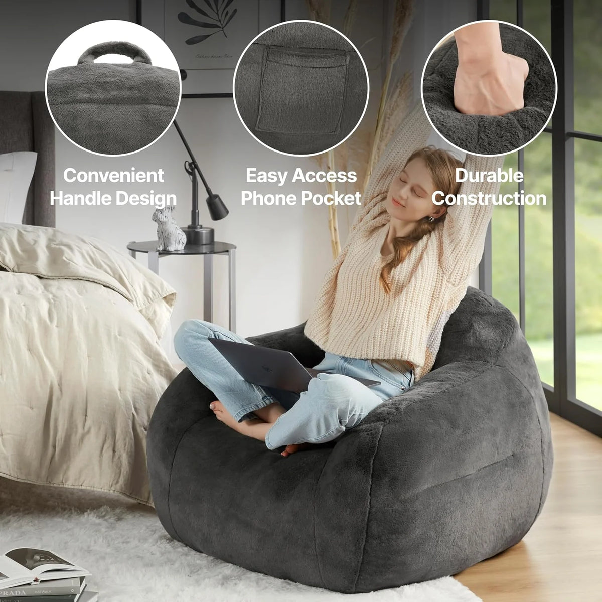 Grey Faux Fur Bean Bag Chair with Memory Foam Filler G678