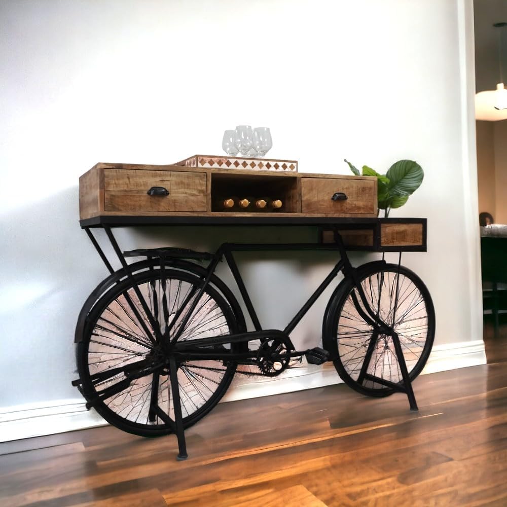 Vintage Bicycle Console Table with Drawers & Storage, Mango Wood, 76L x 18W x 44H inches N105