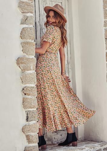 Women's Summer Wrap Maxi Dress Boho Floral V Neck Short Sleeve Ruffle Hem Split Beach Long Dresses X2916