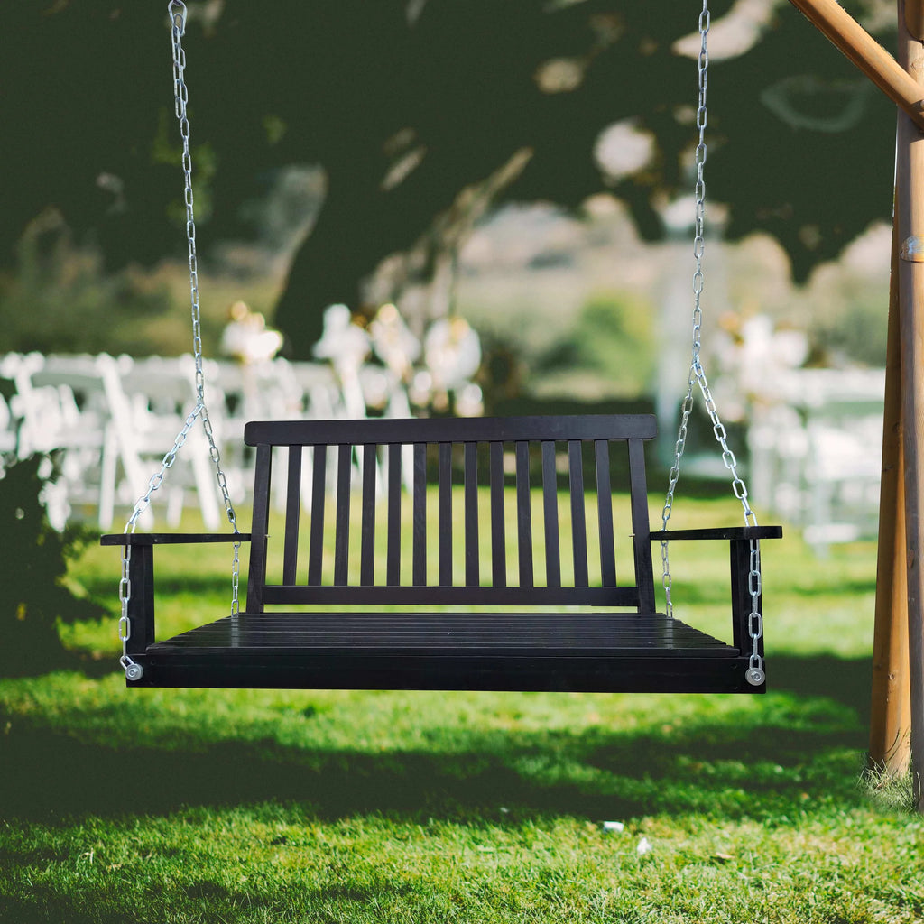 Black Wood Porch Swing with Armrests and Hanging Chains Z164094