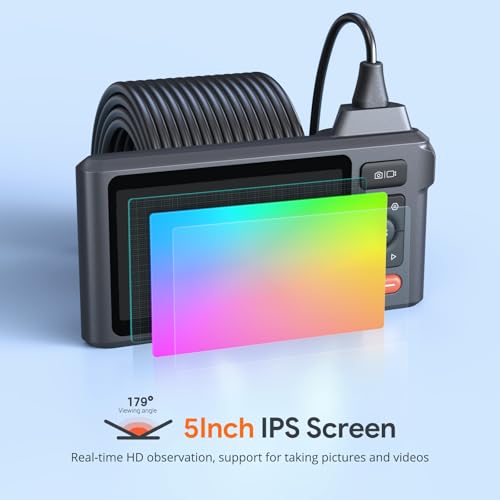 Triple Lens Sewer Inspection Camera with 50FT Semi-Rigid Cable, 5" IPS Screen, 1080P Waterproof Borescope, Carrying Case W10046