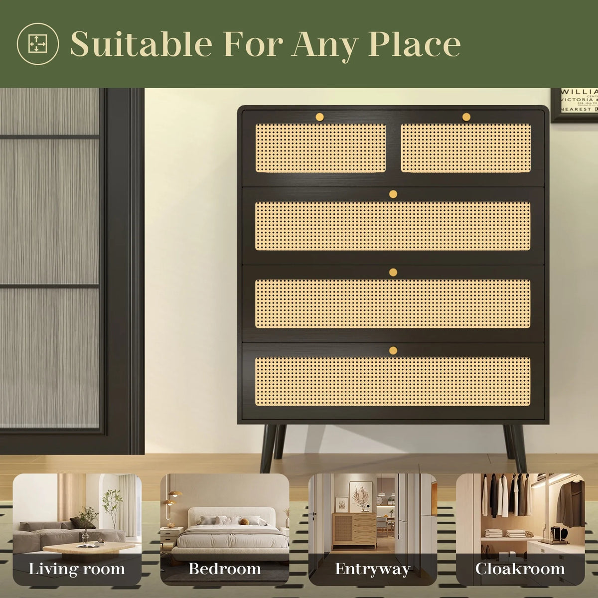 Rattan 4 Drawer Tall Wood Dresser V78652