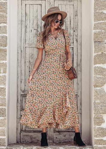 Women's Summer Wrap Maxi Dress Boho Floral V Neck Short Sleeve Ruffle Hem Split Beach Long Dresses X2916