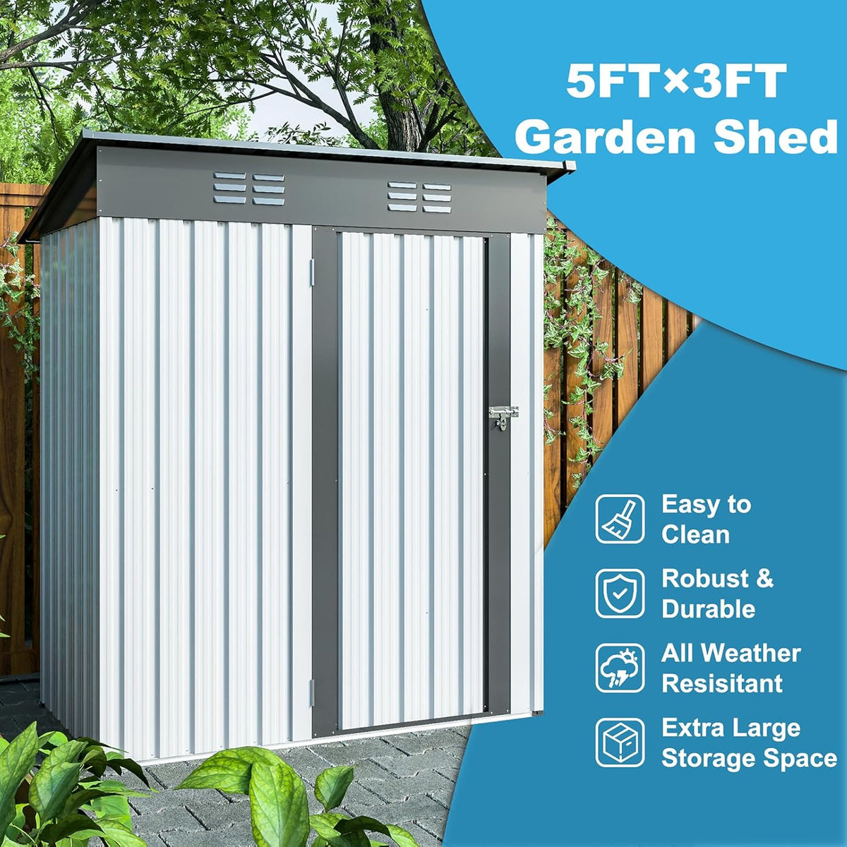 5 X 3 Ft Galvanized Metal Outdoor Storage Shed with Lockable Doors I998