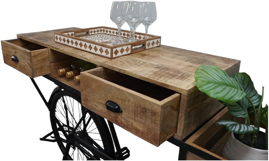 Vintage Bicycle Console Table with Drawers & Storage, Mango Wood, 76L x 18W x 44H inches N105