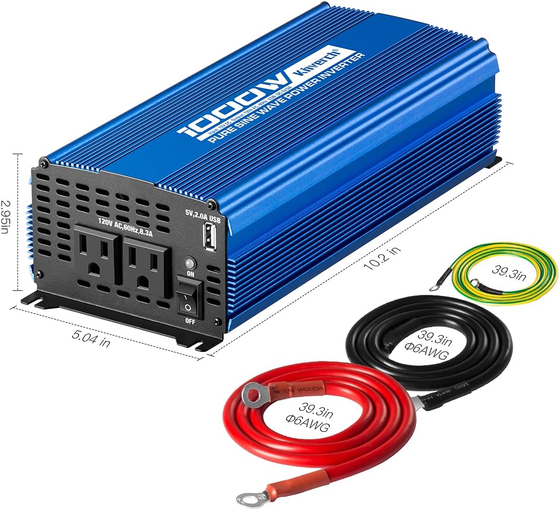 Pure Sine Wave Inverter 1000W DC 12V to AC 110 V with Dual AC Outlets & 2A USB Ports J92264
