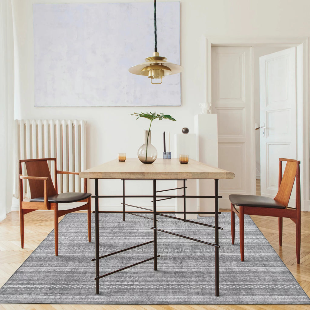 Machine Washable Printed Moroccan Stripe Gray Recycled Fiber Area Rug G686786