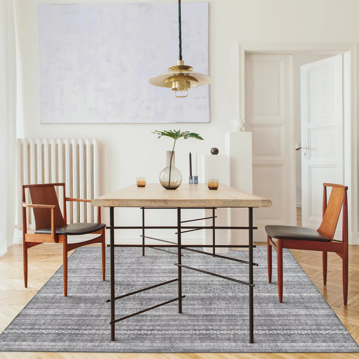 Machine Washable Printed Moroccan Stripe Gray Recycled Fiber Area Rug G686786
