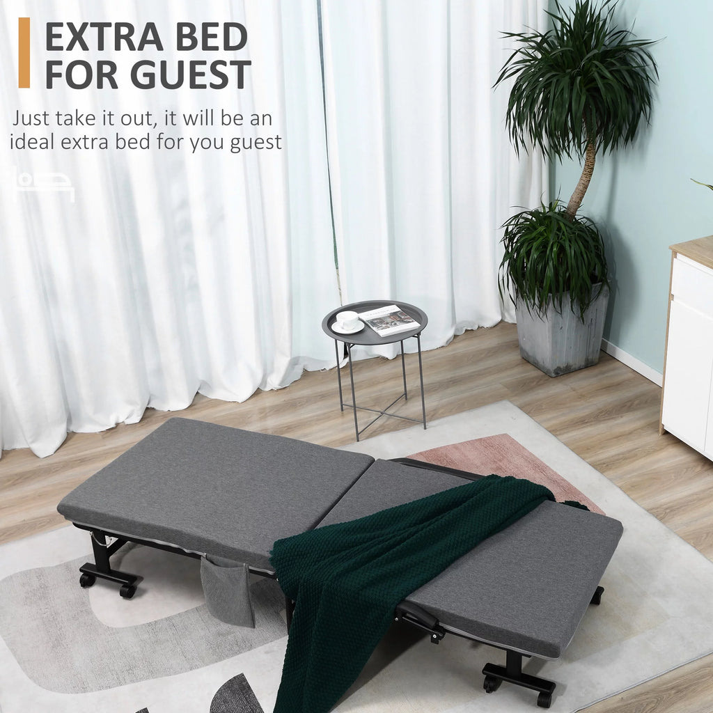 Folding Bed with 3.25" Mattress and Metal Frame on Wheels, Dark Grey O356571