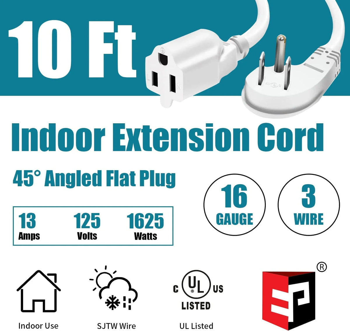 10 Ft 16/3 Flat Plug Indoor Extension Cord F16549