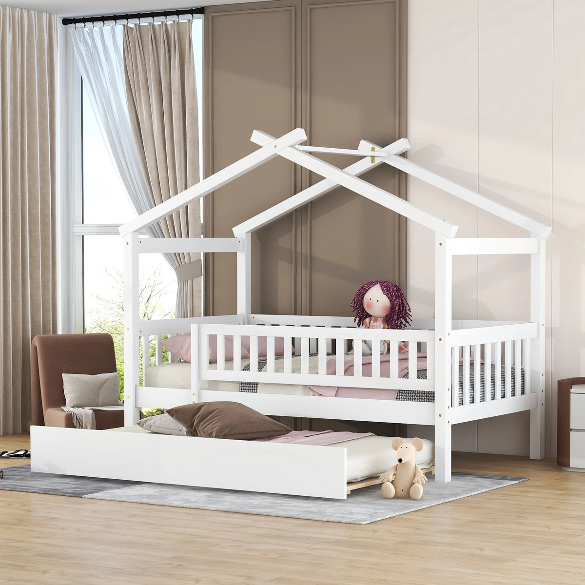 White Twin Size Wooden House-Shaped Bed with Twin Trundle I72104