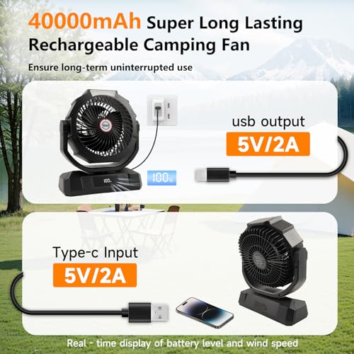 Camping Fan with LED Lantern, 40000mAh Rechargeable Portable Fan with Remote, Black R735
