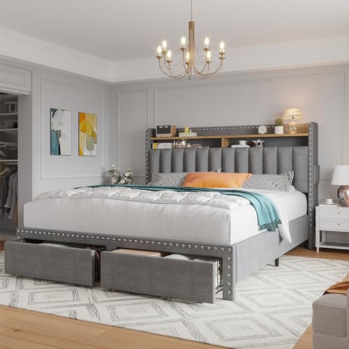 King Size Upholstered Platform Bed Frame with Storage Headboard and Drawers N99718