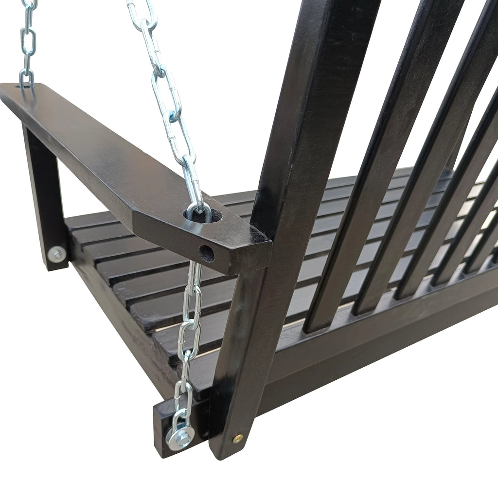 Black Wood Porch Swing with Armrests and Hanging Chains Z164094