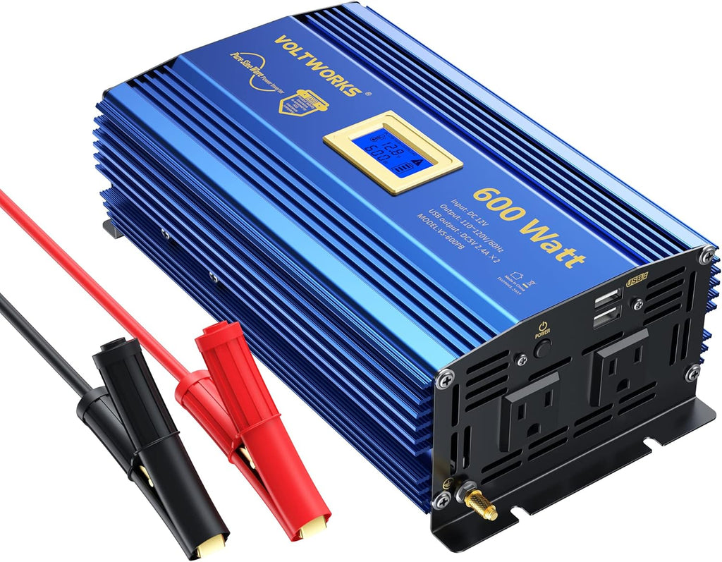 600 Watts Pure Sine Wave Power Inverter 12V to 110V 120V with USB Port & LCD Display I6902