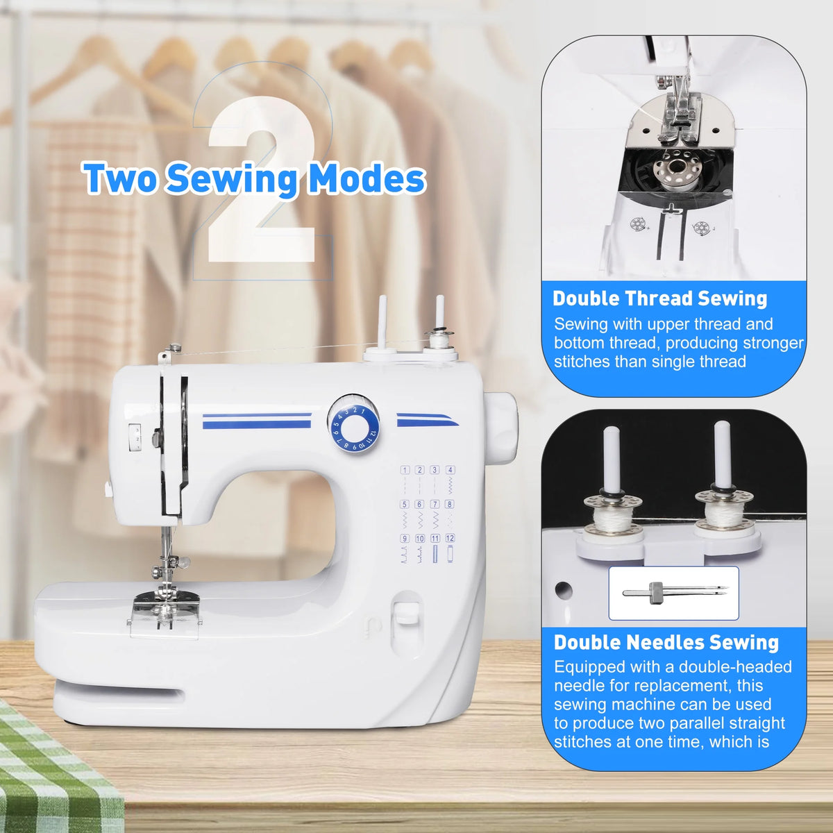 Portable Mini Sewing Machine, Blue, 12 Built-in Stitches B868670