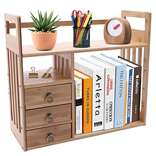 Bamboo Desktop Bookshelf with 3 Drawers (Nut-Brown) T889996