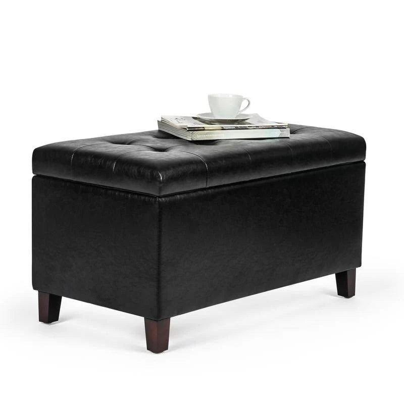 Black Button Tufted Faux Leather Storage Bench Ottoman D890