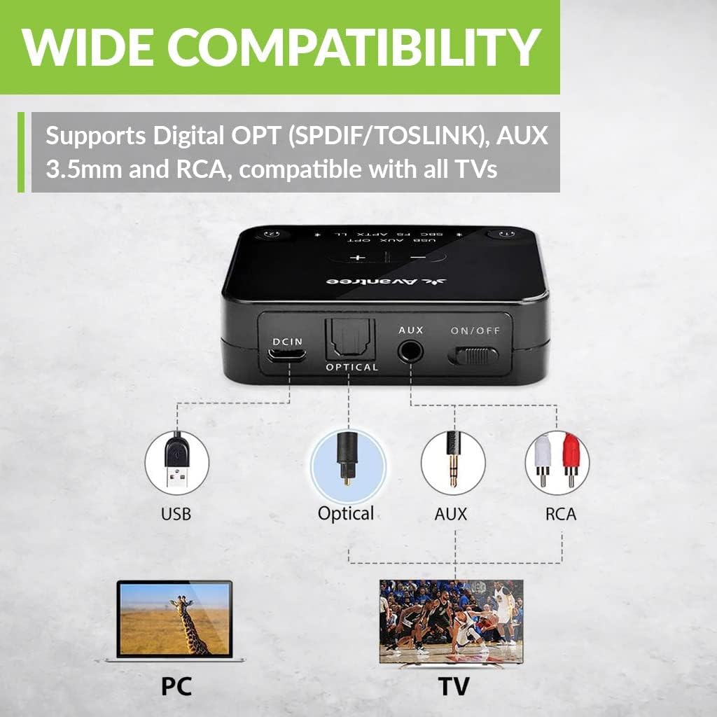 Bluetooth 5.0 Transmitter for TV with Volume Control, aptX Low Latency Audio Adapter for 2 Headphones, Class 1 Long Range 100ft, Pack of 2 L297