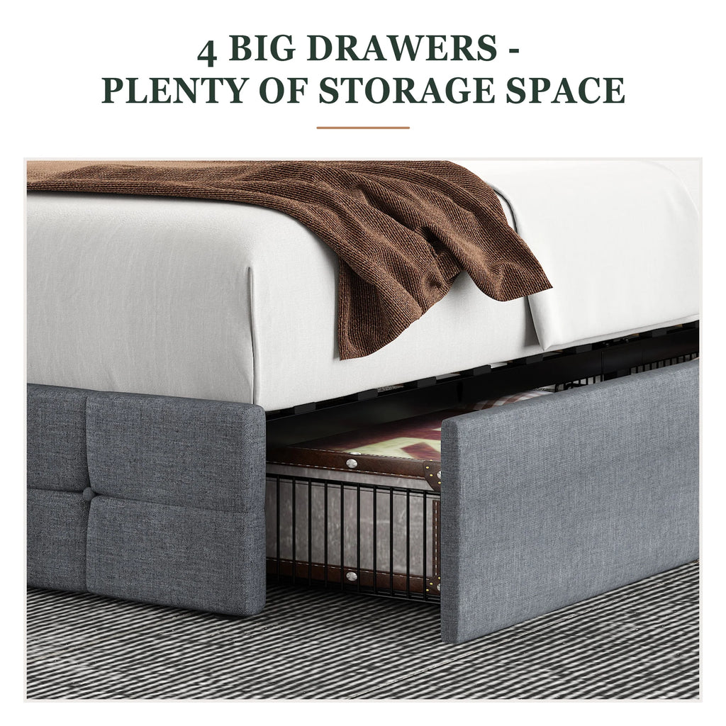 Queen Size Platform Bed Frame with Headboard and 4 Storage Drawers X154
