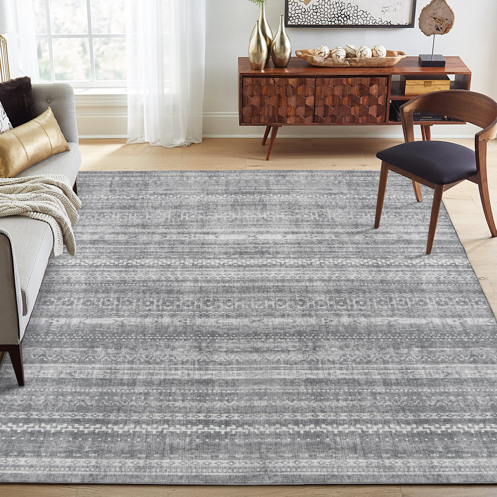 Machine Washable Printed Moroccan Stripe Gray Recycled Fiber Area Rug G686786