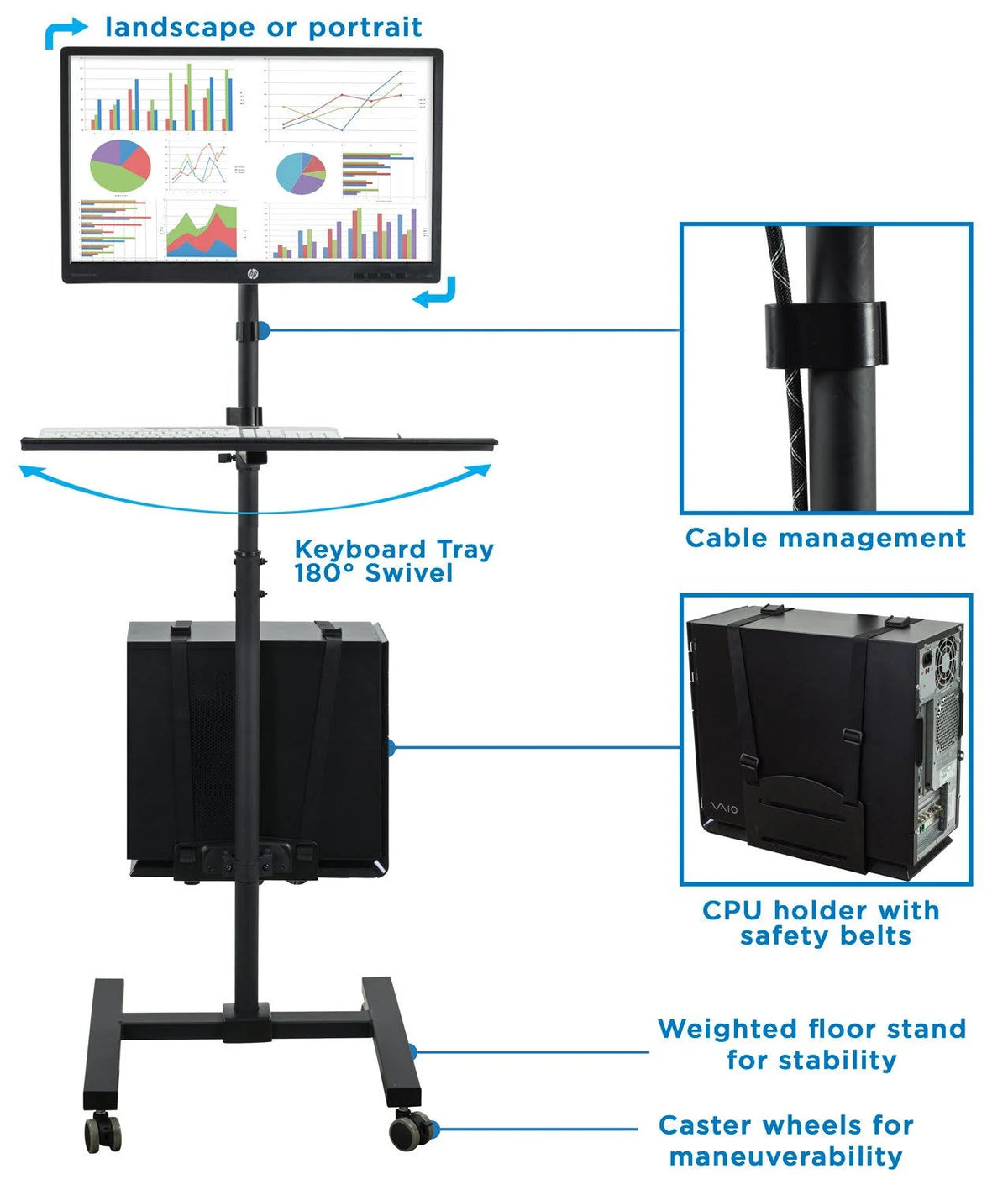 Black Mobile Cart with Monitor Mount and CPU Holder E2800