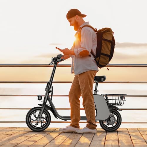 Electric Scooter with Seat & Carry Basket, 672W PWR, 288Wh, 20MPH, 20 Miles, 12.5" Tires H7050