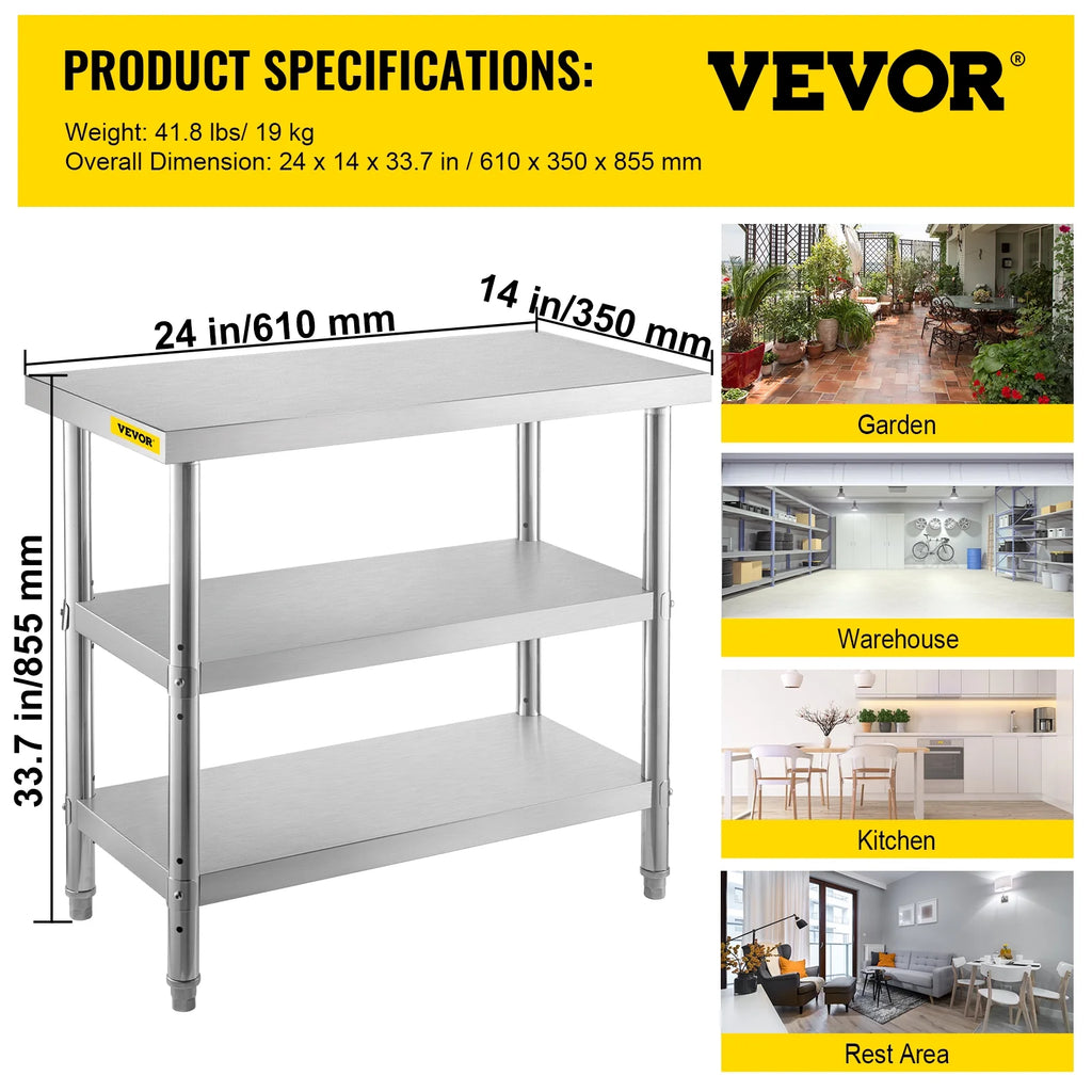 Stainless Steel Table with 2 Adjustable Undershelf V1419