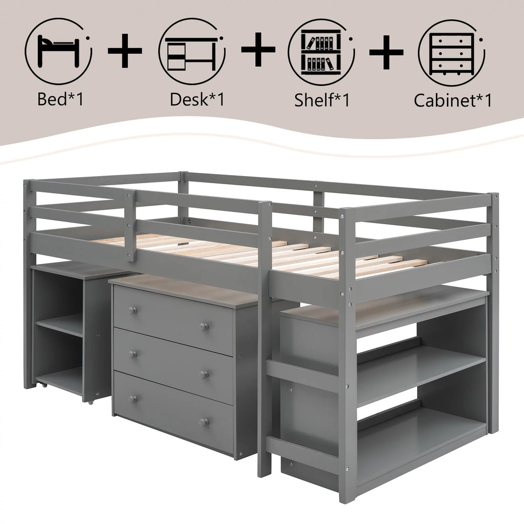 Twin Size Wood Loft Bed with Desk Storage Drawers and Bookcase C33822