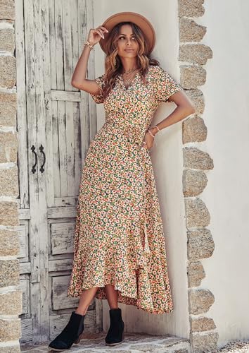 Women's Summer Wrap Maxi Dress Boho Floral V Neck Short Sleeve Ruffle Hem Split Beach Long Dresses X2916