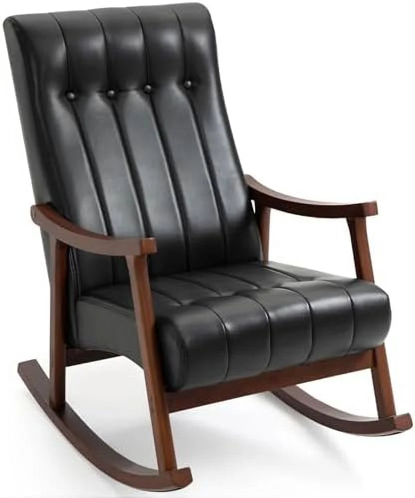 Upholstered Rocking Chair with Fabric Padded Seat Solid Wood High Back Armchair Grey S49555