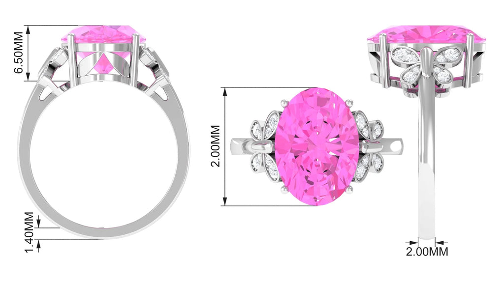 Oval Created Pink Sapphire Solitaire Ring with Diamond, 10X14 mm, 925 Sterling Silver, US 4.00 A349